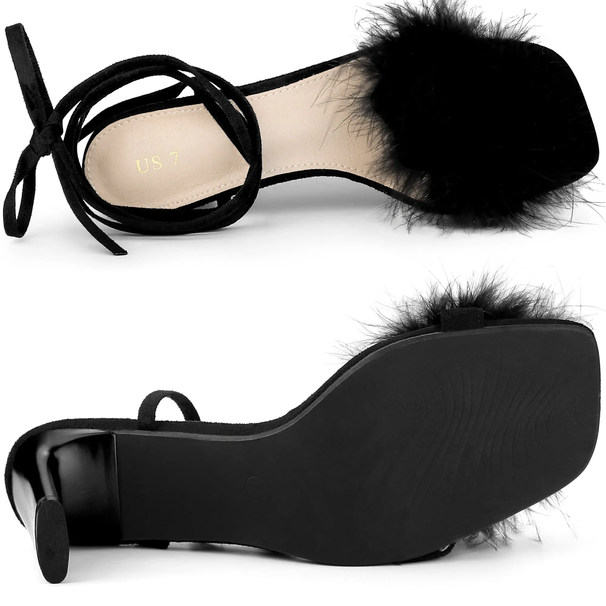 Women's Faux Fur Slingback Block Heels Lace Up Sandals sold by Allegra K product image thumbnail 5