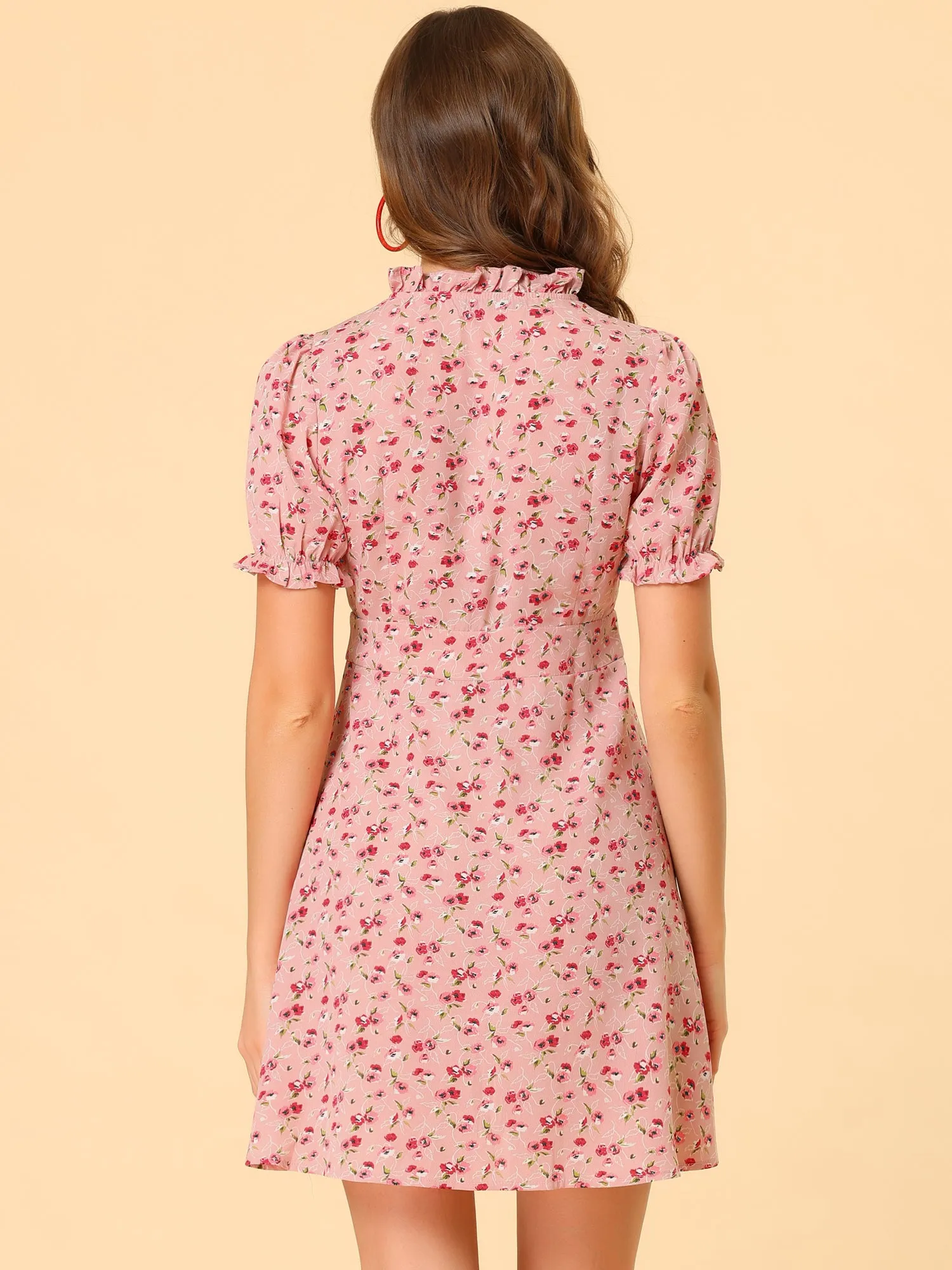 Floral Ruffle Neck Puff Short Sleeve Chiffon Mini Dress sold by Allegra K product image thumbnail 3