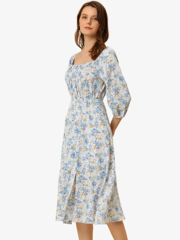 Ditsy Floral Square Neck Puff Sleeve Peasant Split Midi Dress sold by Allegra K