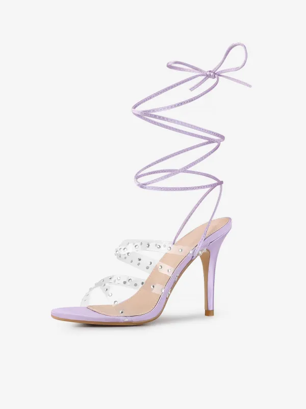 Women's Satin Rhinestone Clear Strap Strappy Lace Up Stiletto Heel Sandals sold by Allegra K