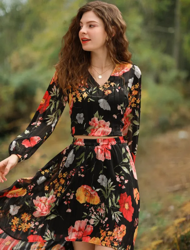 Floral Chiffon Blouse V Neck Tie Knot Puff Long Sleeve Crop Top sold by Allegra K