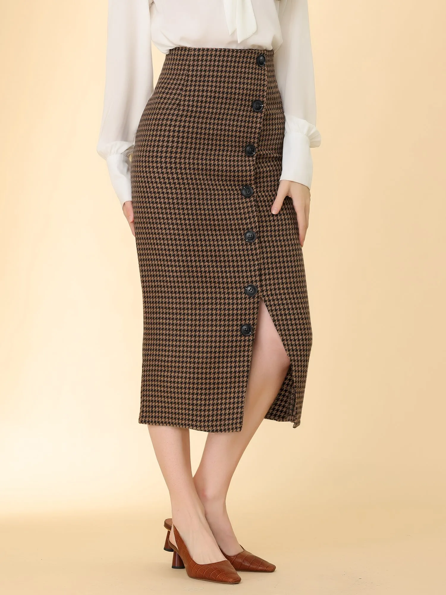 Elegant Houndstooth Elastic Waist Straight Split Midi Skirt sold by Allegra K product image thumbnail 2