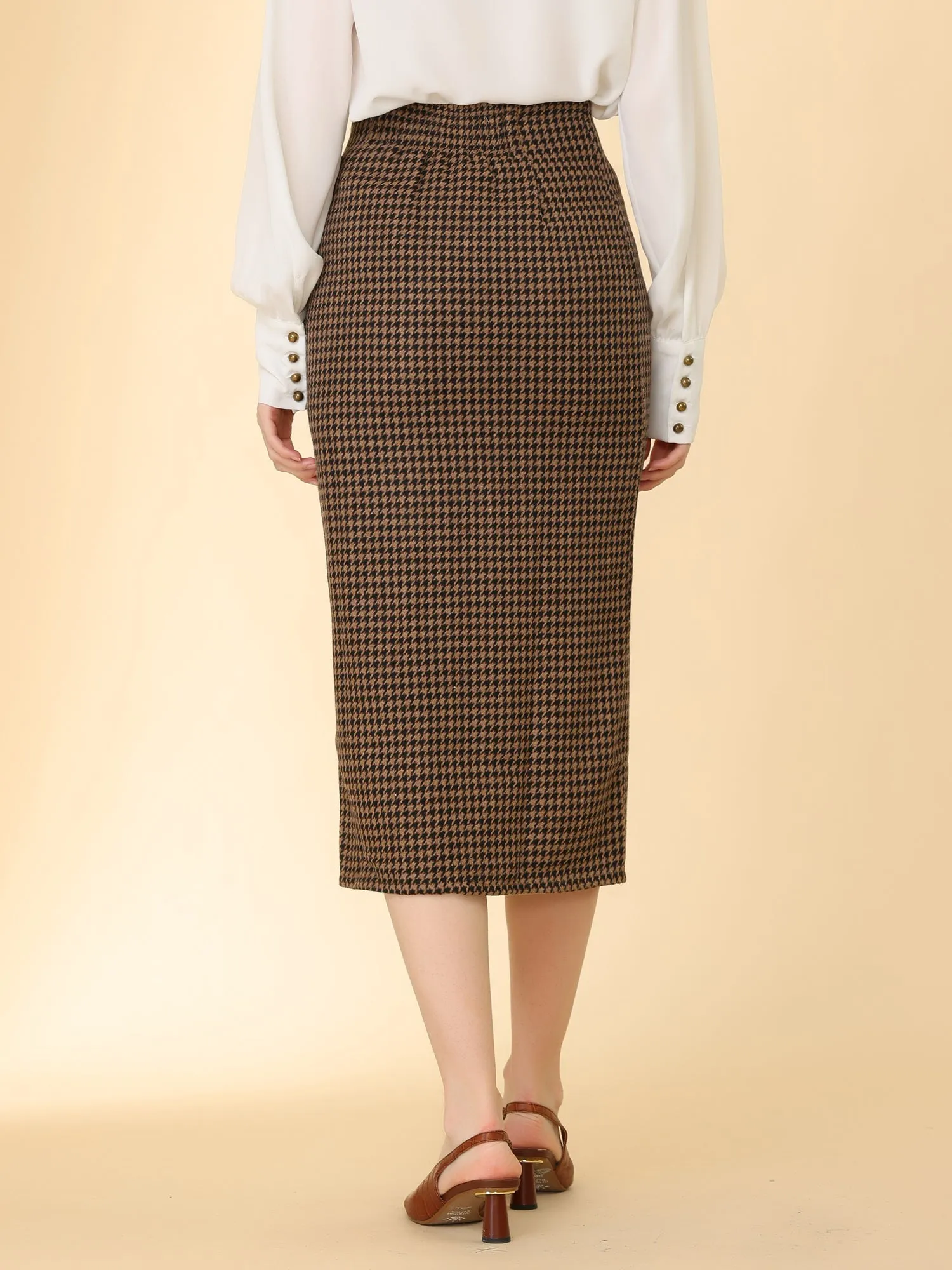 Elegant Houndstooth Elastic Waist Straight Split Midi Skirt sold by Allegra K product image thumbnail 4