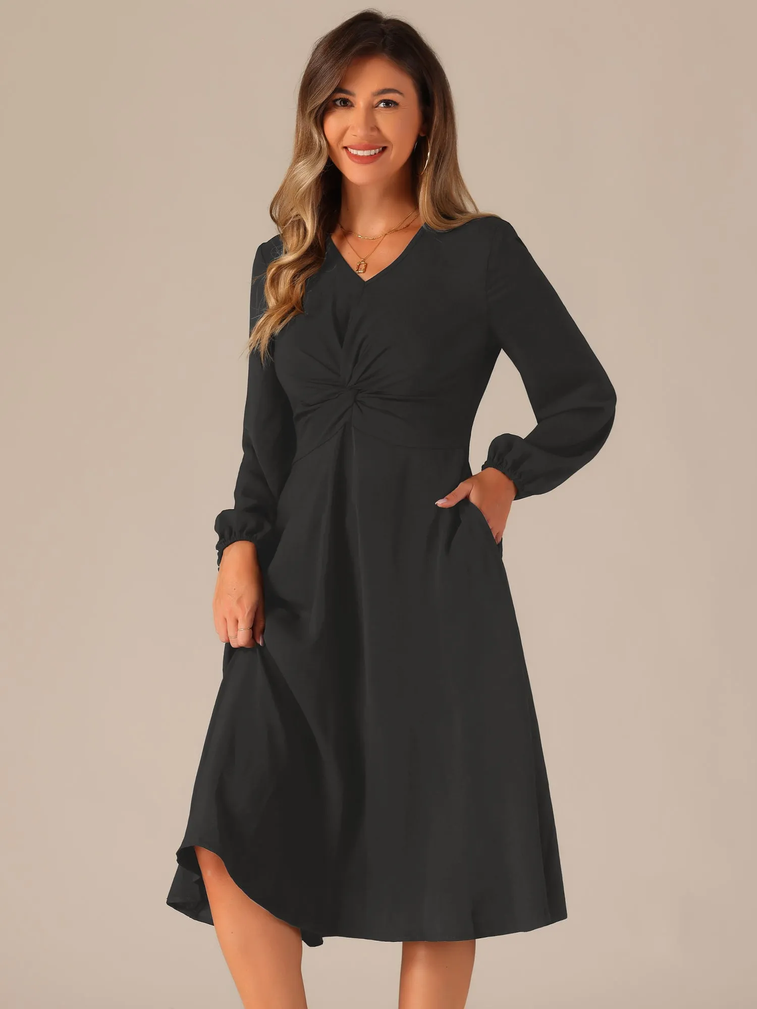 Twist Front Long Sleeve Pockets A-Line Midi Dress sold by Allegra K
