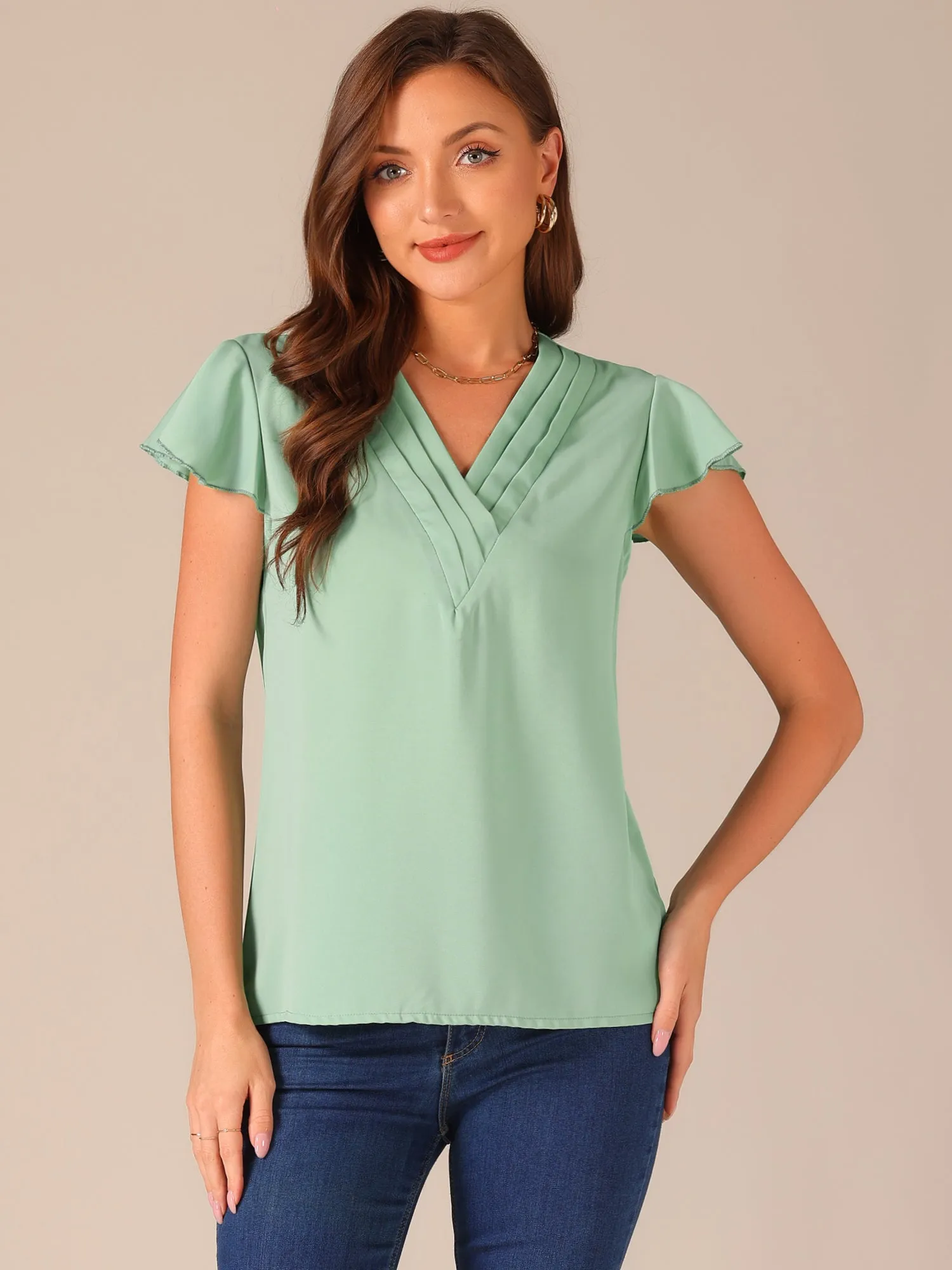 Pleated V Neck Flutter Sleeve Summer Casual Blouse sold by Allegra K product image thumbnail 2