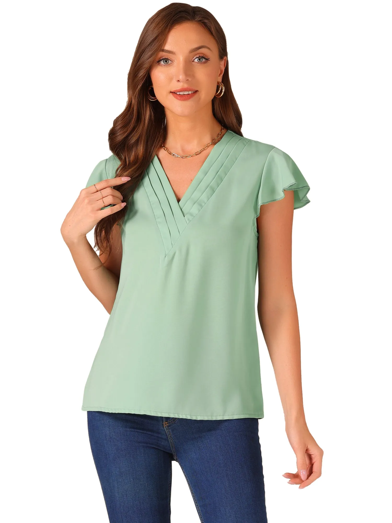 Pleated V Neck Flutter Sleeve Summer Casual Blouse sold by Allegra K product image thumbnail 4