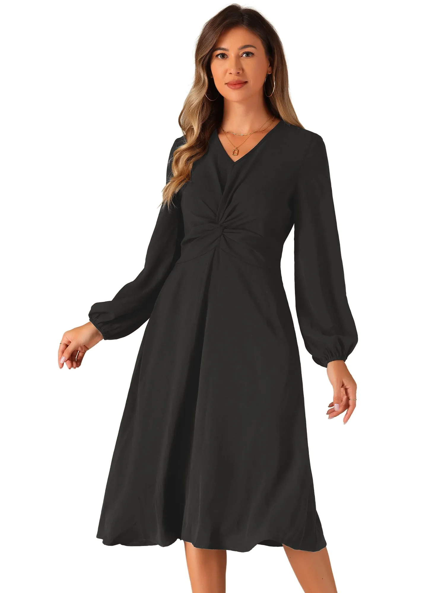 Twist Front Long Sleeve Pockets A-Line Midi Dress sold by Allegra K product image thumbnail 5