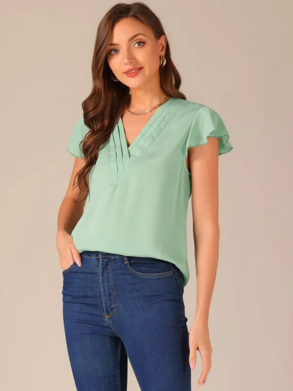 Pleated V Neck Flutter Sleeve Summer Casual Blouse sold by Allegra K