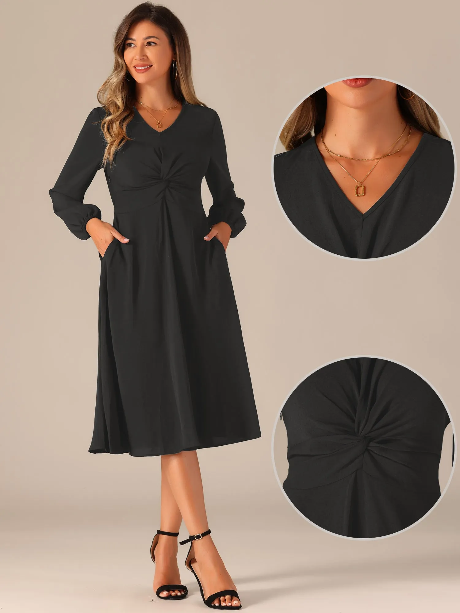 Twist Front Long Sleeve Pockets A-Line Midi Dress sold by Allegra K product image thumbnail 2