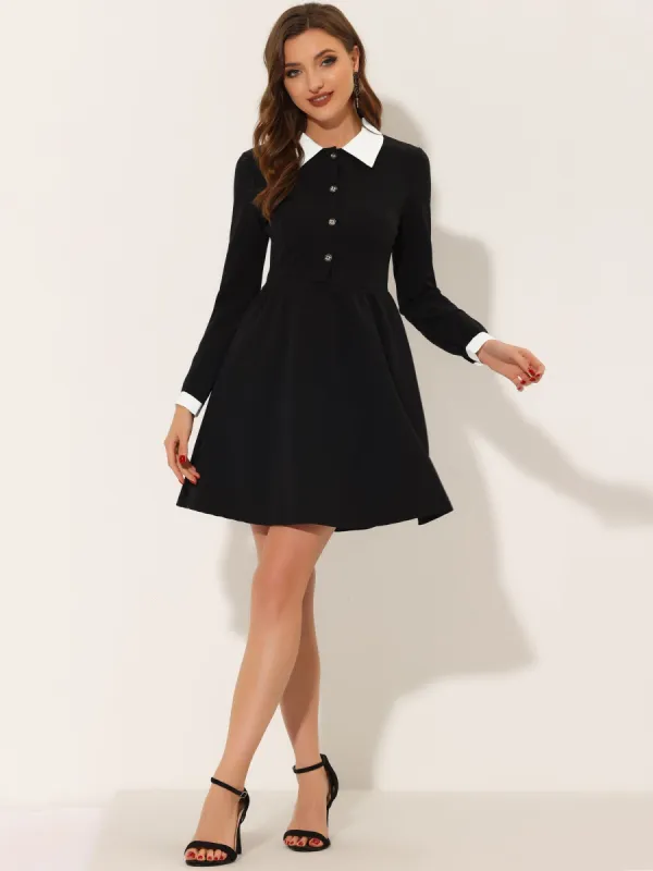 Contrast Color Puff Long Sleeve Collared Flare Short Dress sold by Allegra K