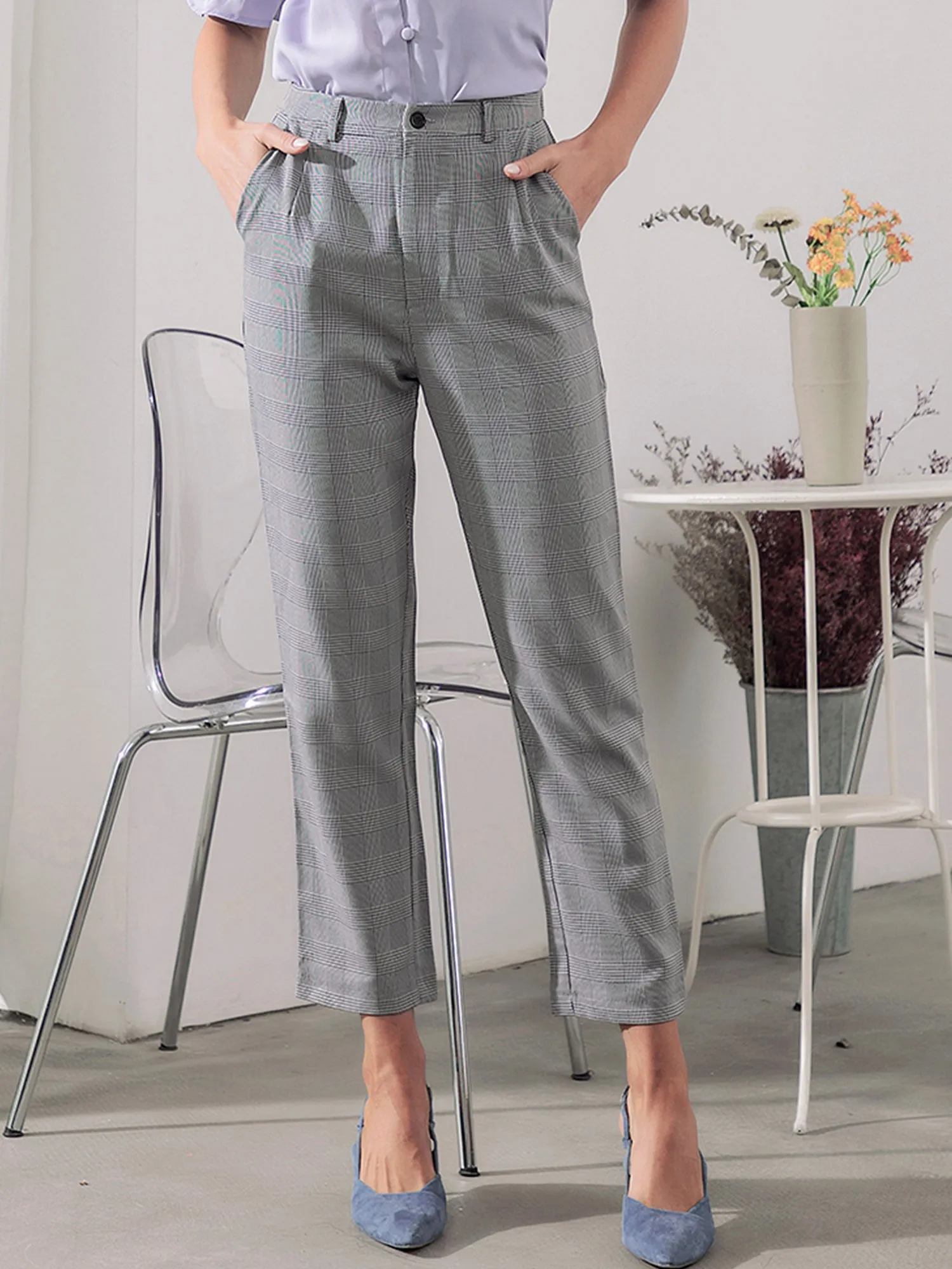 Plaid High Waist Elastic Back Office Work Ankle Pants sold by Allegra K product image thumbnail 3