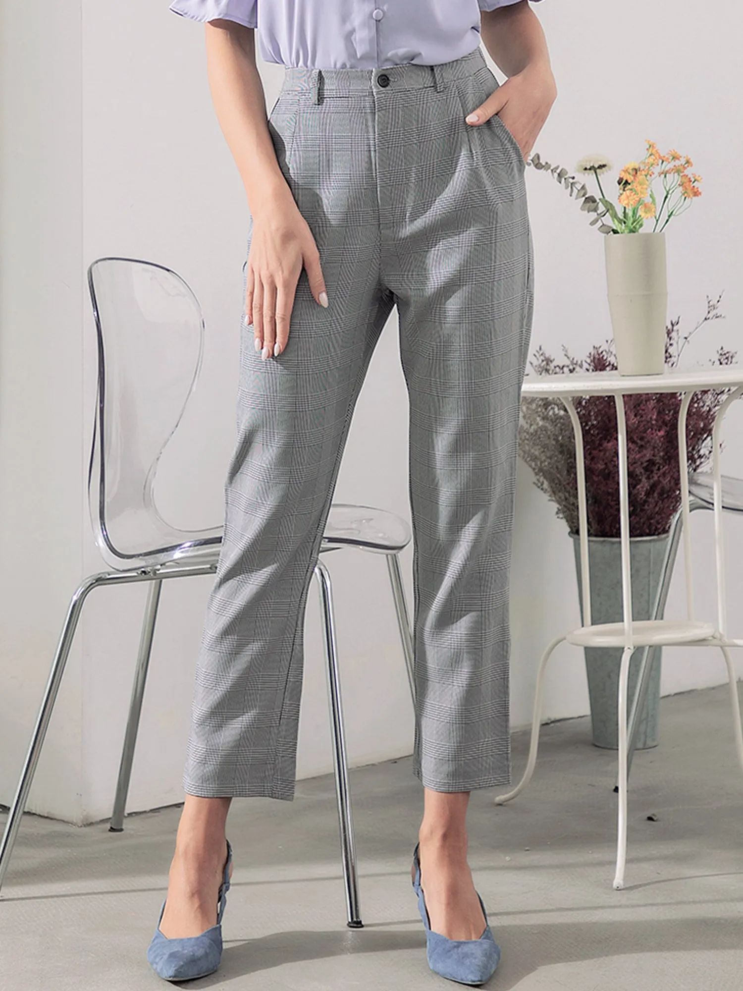 Plaid High Waist Elastic Back Office Work Ankle Pants sold by Allegra K product image thumbnail 4