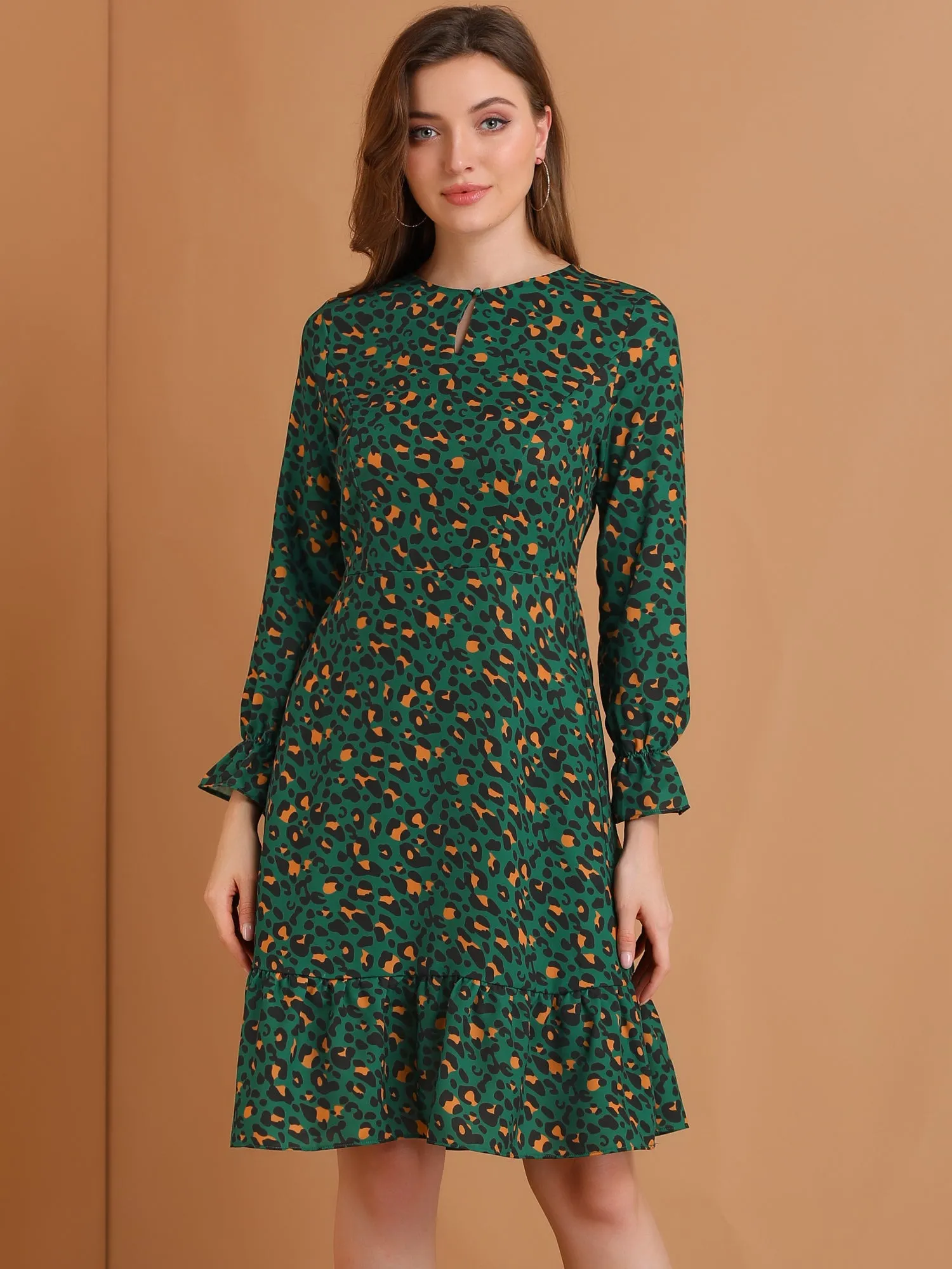 Long Sleeve Printed Elastic Waist Ruffle Hem Knee Length Dress sold by Allegra K product image thumbnail 2