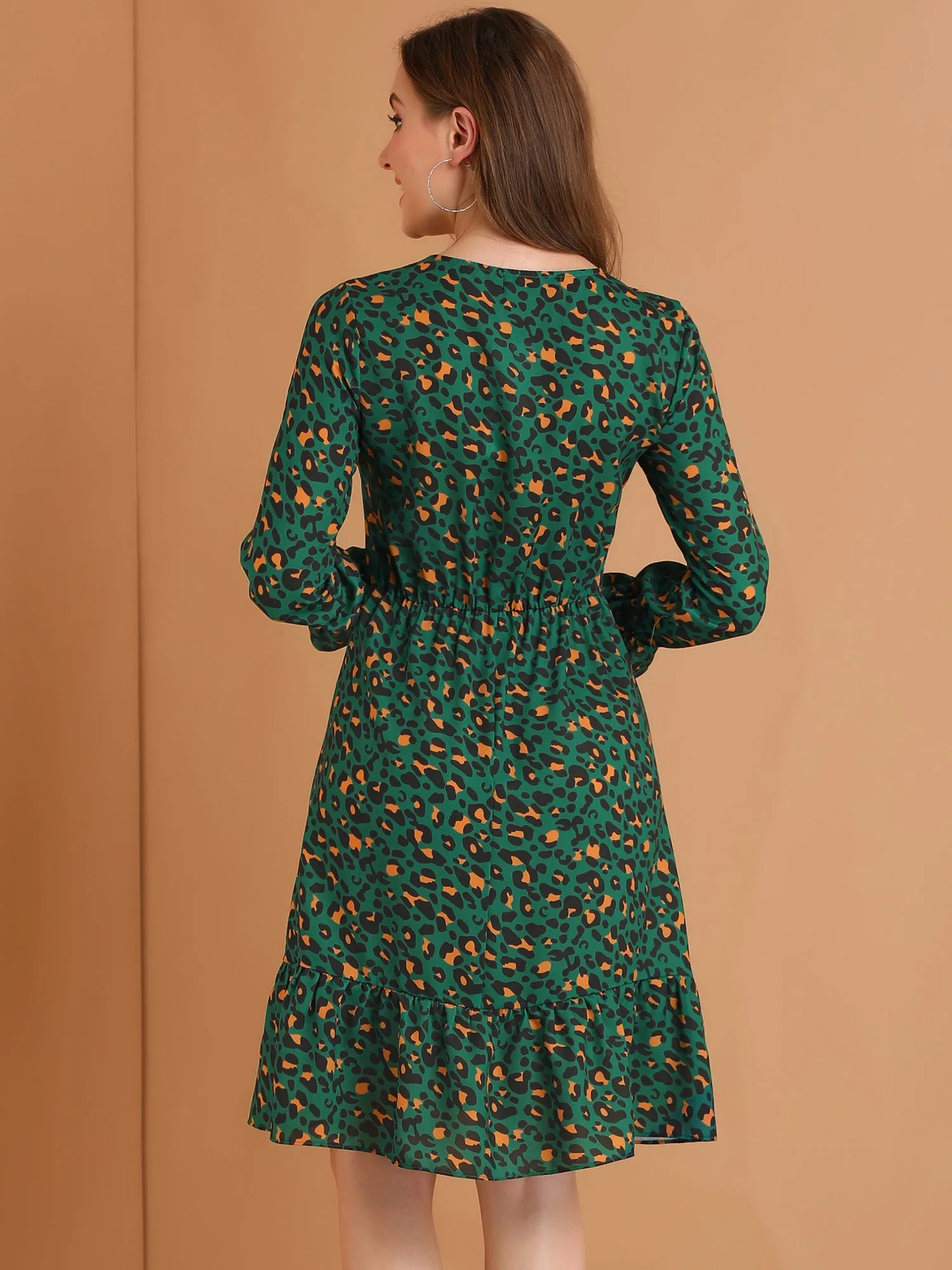 Long Sleeve Printed Elastic Waist Ruffle Hem Knee Length Dress sold by Allegra K product image thumbnail 5