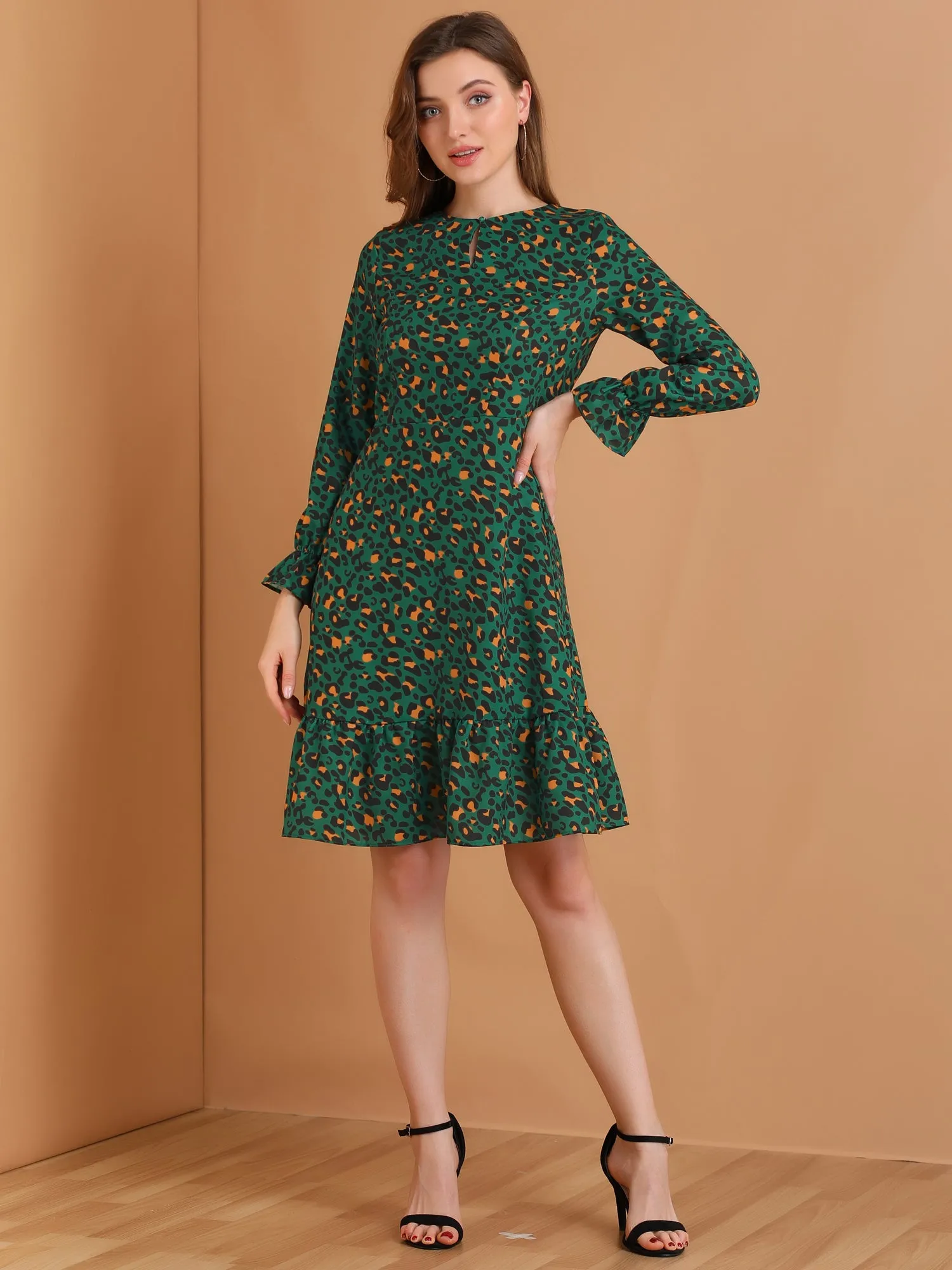 Long Sleeve Printed Elastic Waist Ruffle Hem Knee Length Dress sold by Allegra K product image thumbnail 3