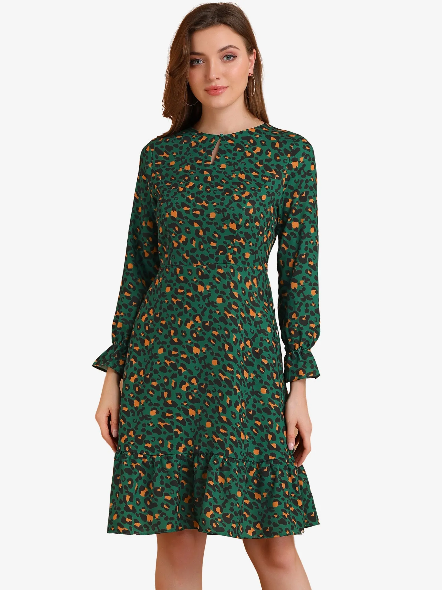 Long Sleeve Printed Elastic Waist Ruffle Hem Knee Length Dress sold by Allegra K