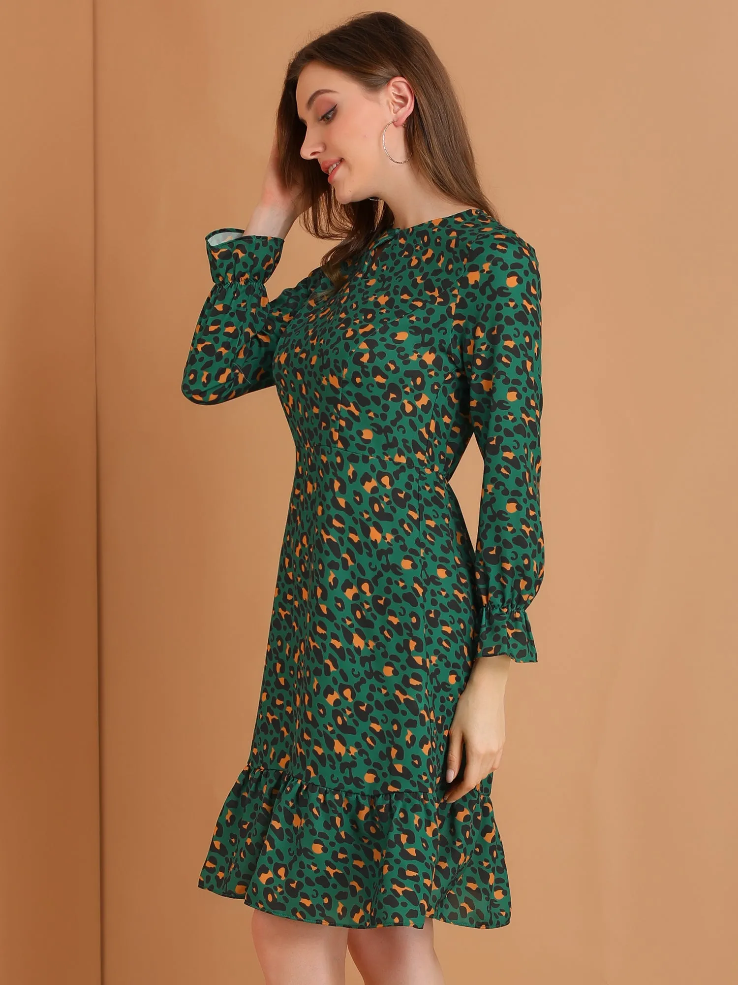 Long Sleeve Printed Elastic Waist Ruffle Hem Knee Length Dress sold by Allegra K product image thumbnail 4
