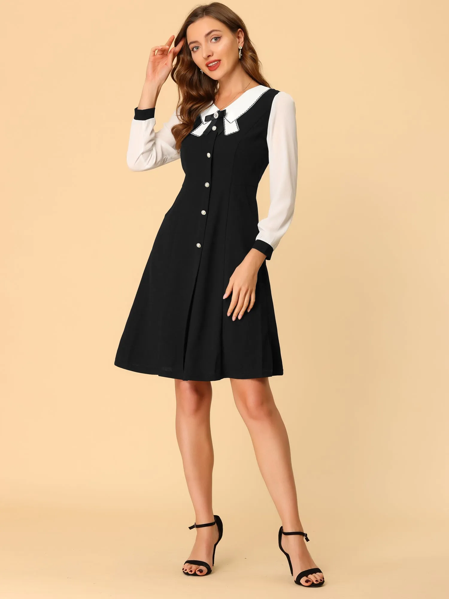 Contrast Collar Bow Tie A-Line Long Sleeve Elegant Button Decor Dress sold by Allegra K product image thumbnail 2
