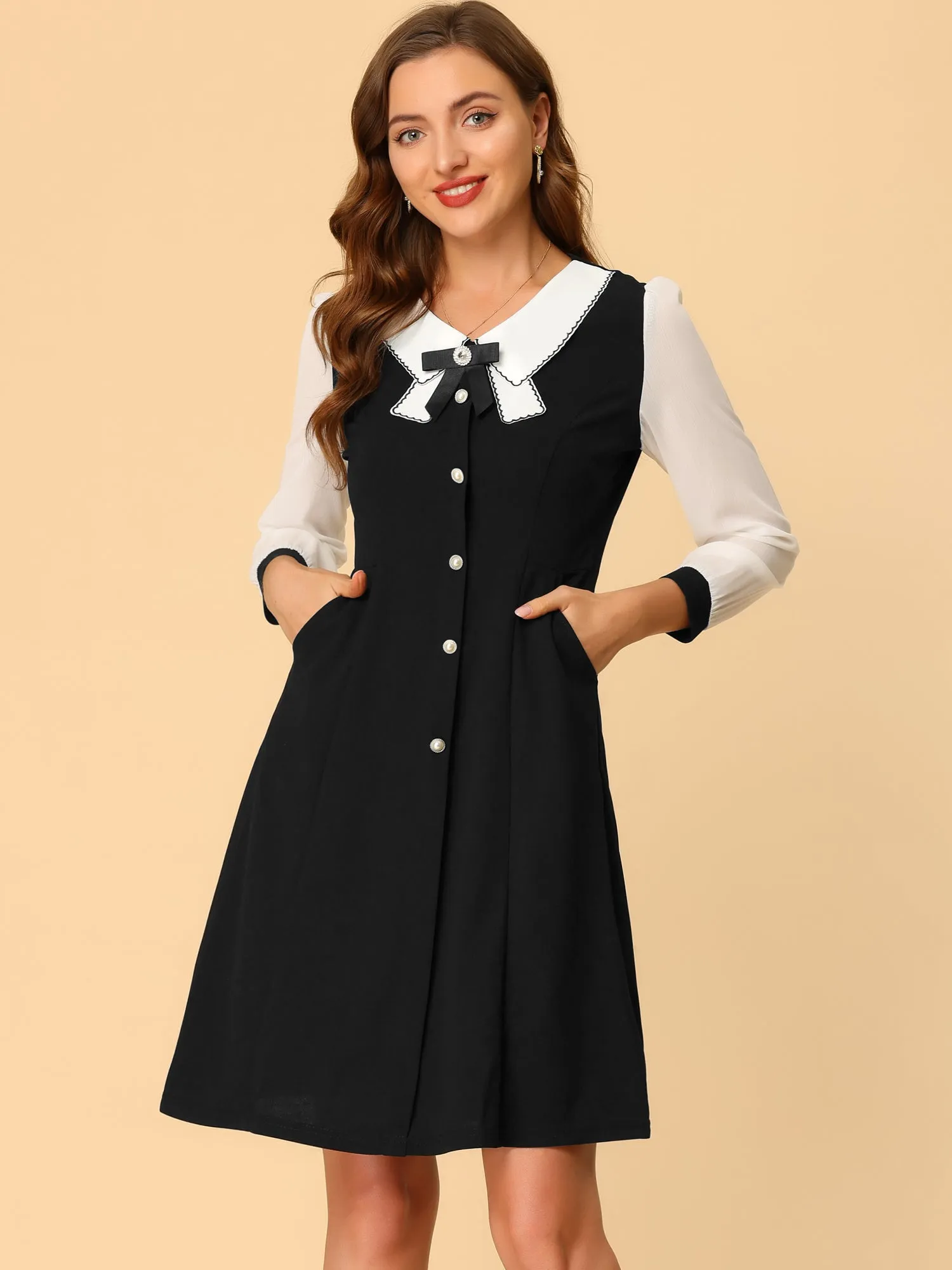 Contrast Collar Bow Tie A-Line Long Sleeve Elegant Button Decor Dress sold by Allegra K