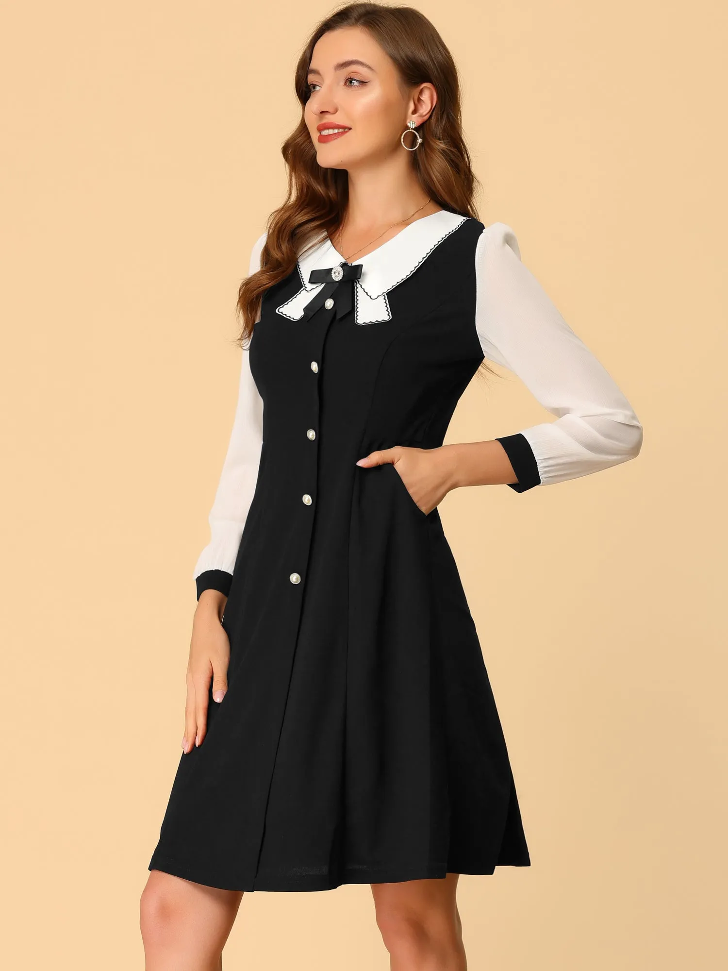 Contrast Collar Bow Tie A-Line Long Sleeve Elegant Button Decor Dress sold by Allegra K product image thumbnail 4