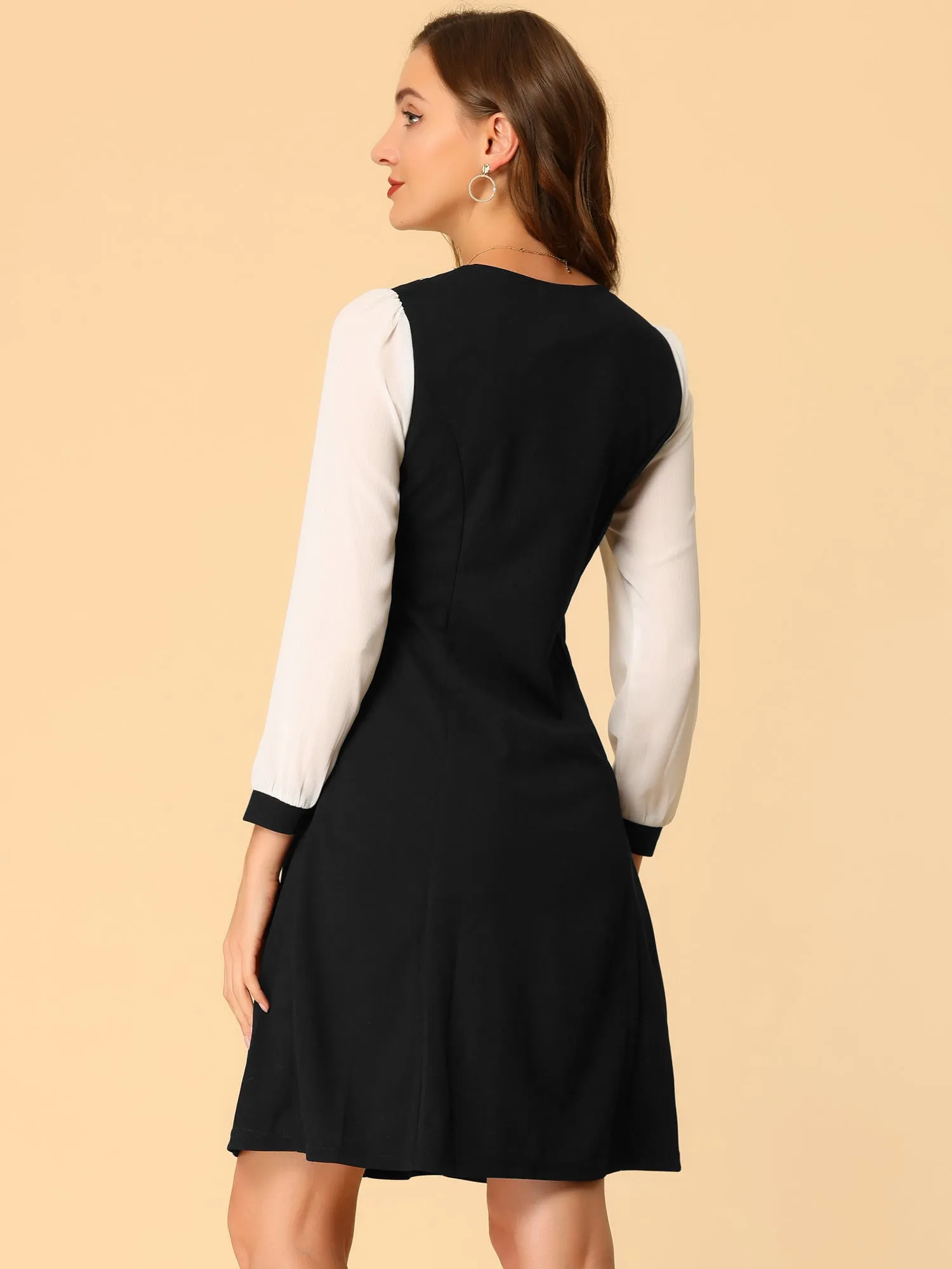 Contrast Collar Bow Tie A-Line Long Sleeve Elegant Button Decor Dress sold by Allegra K product image thumbnail 3