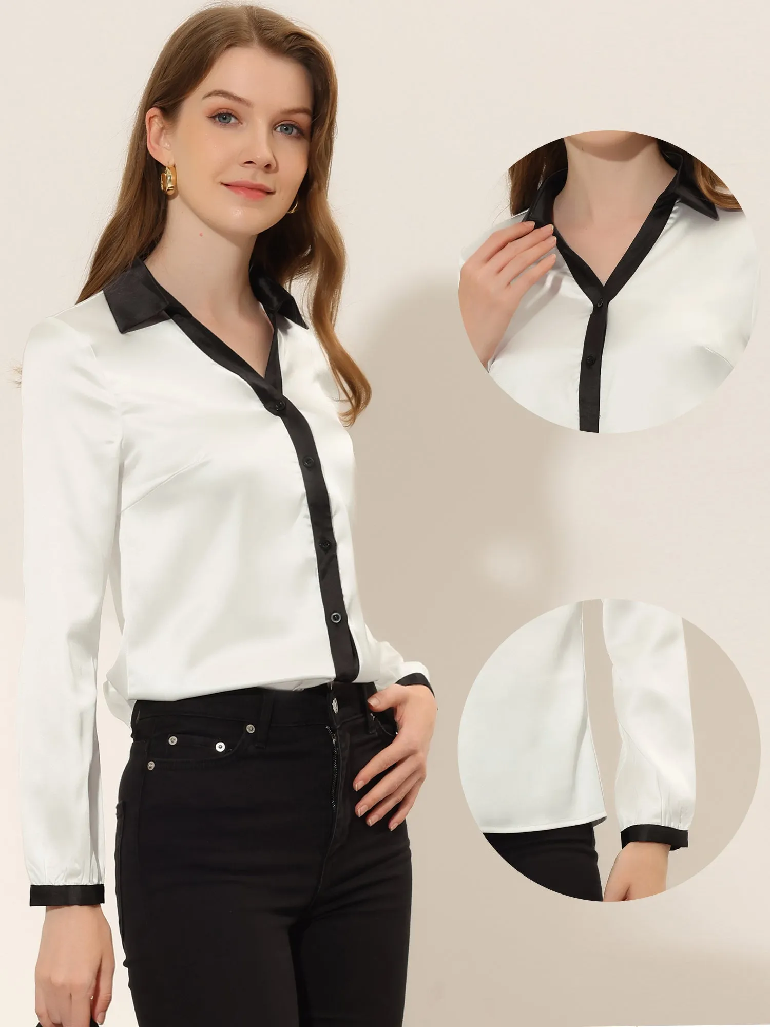 Button Up Shirt Contrast Collared Long Sleeve Satin Work Top sold by Allegra K product image thumbnail 2