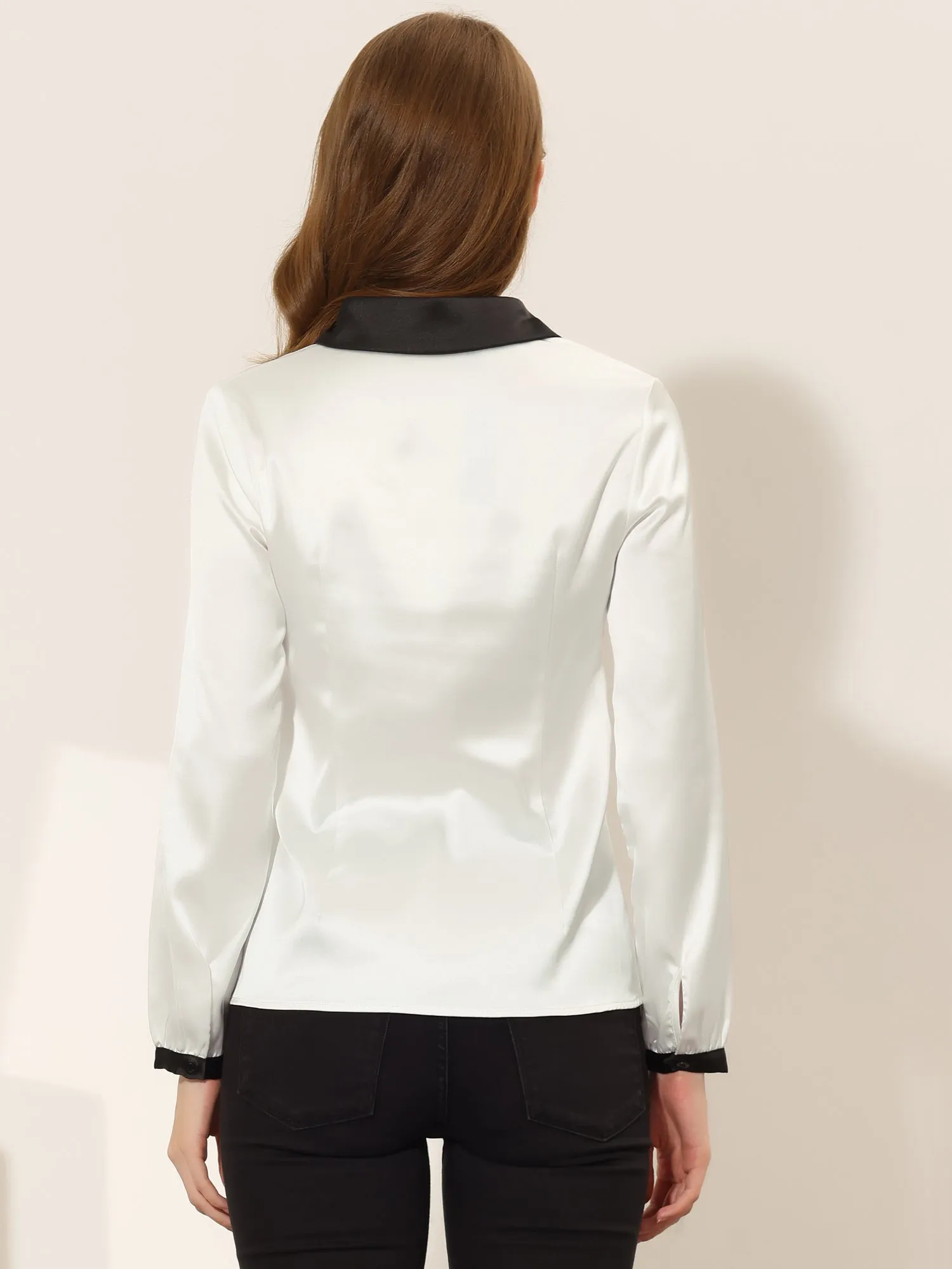 Button Up Shirt Contrast Collared Long Sleeve Satin Work Top sold by Allegra K product image thumbnail 3