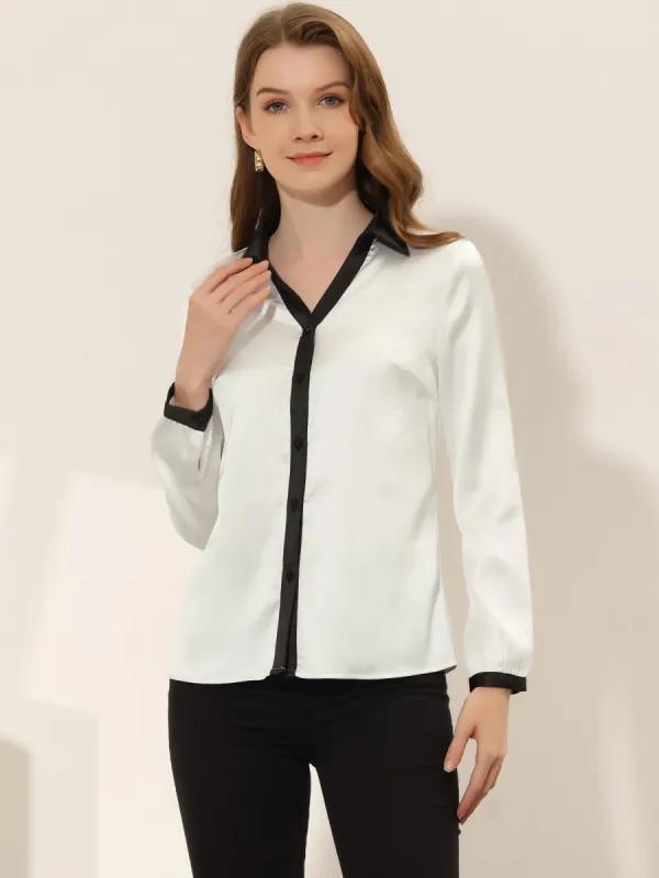 Button Up Shirt Contrast Collared Long Sleeve Satin Work Top sold by Allegra K