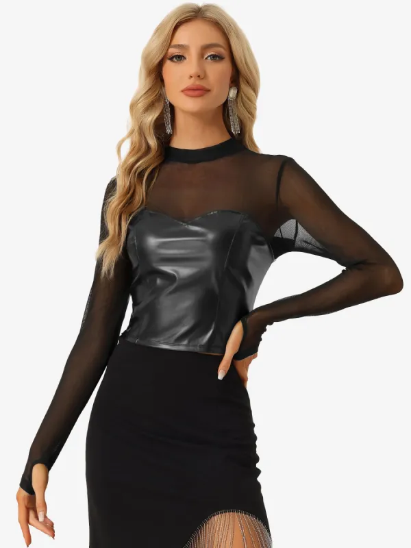 Sexy Top Faux Leather Mesh Sleeve Sweetheart Stand Collar Shirt sold by Allegra K