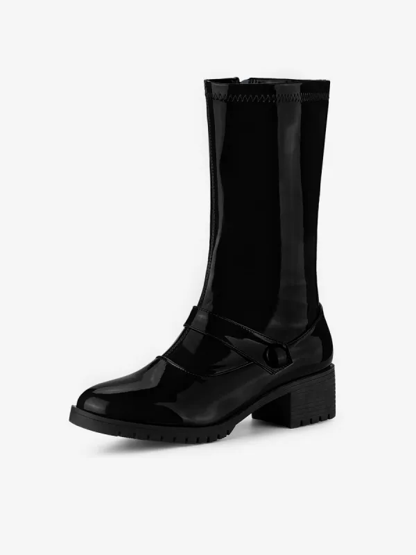 Mid Calf Chunky Heel Patent Leather GO Boots sold by Allegra K