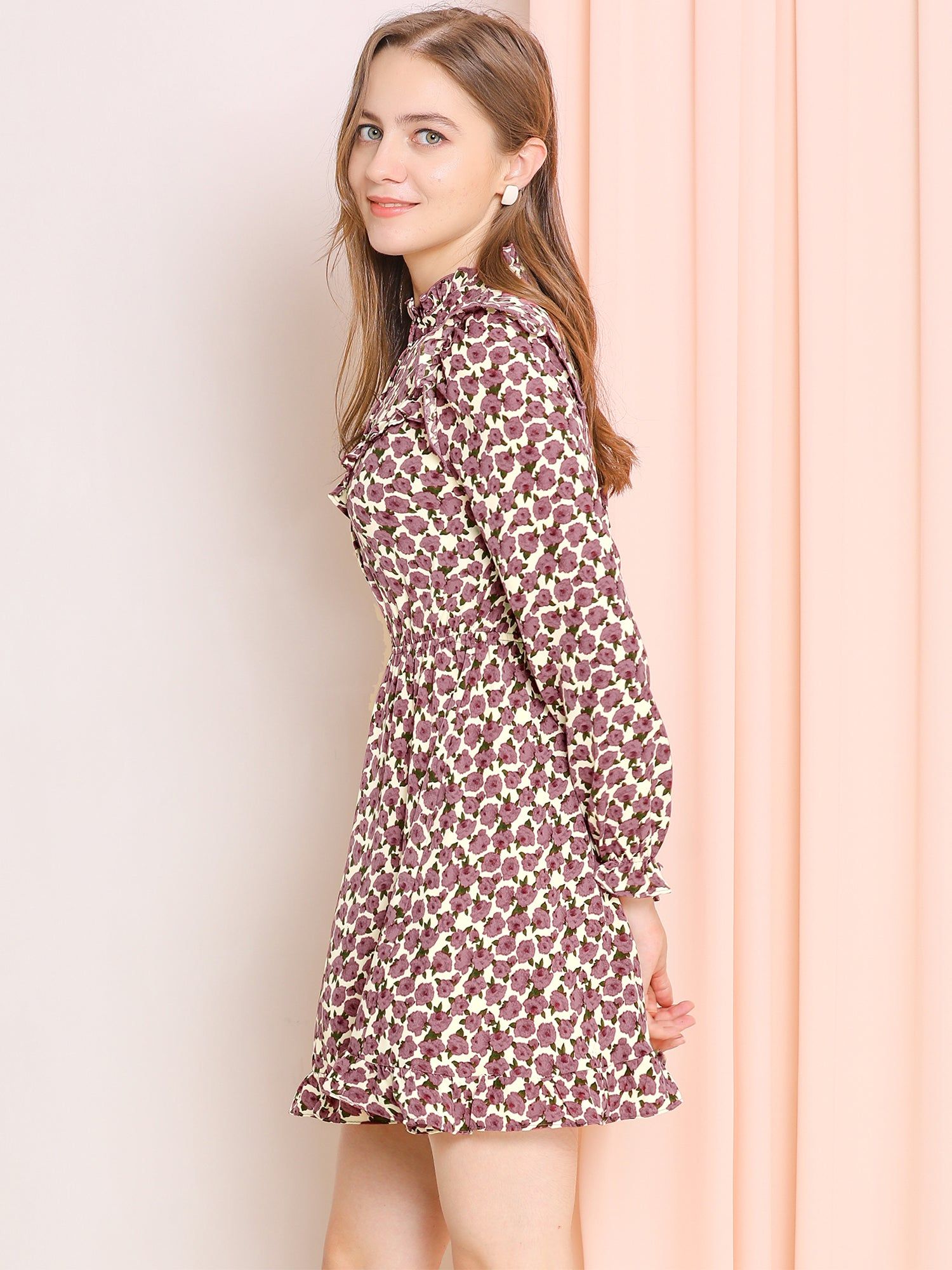 Ruffle Stand Collar Buttons Elastic Waist Floral Dress sold by Allegra K product image thumbnail 3