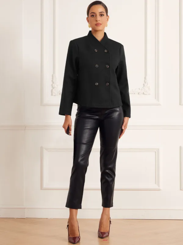 Double Breasted Collarless Winter Casual Short Pea Coat sold by Allegra K