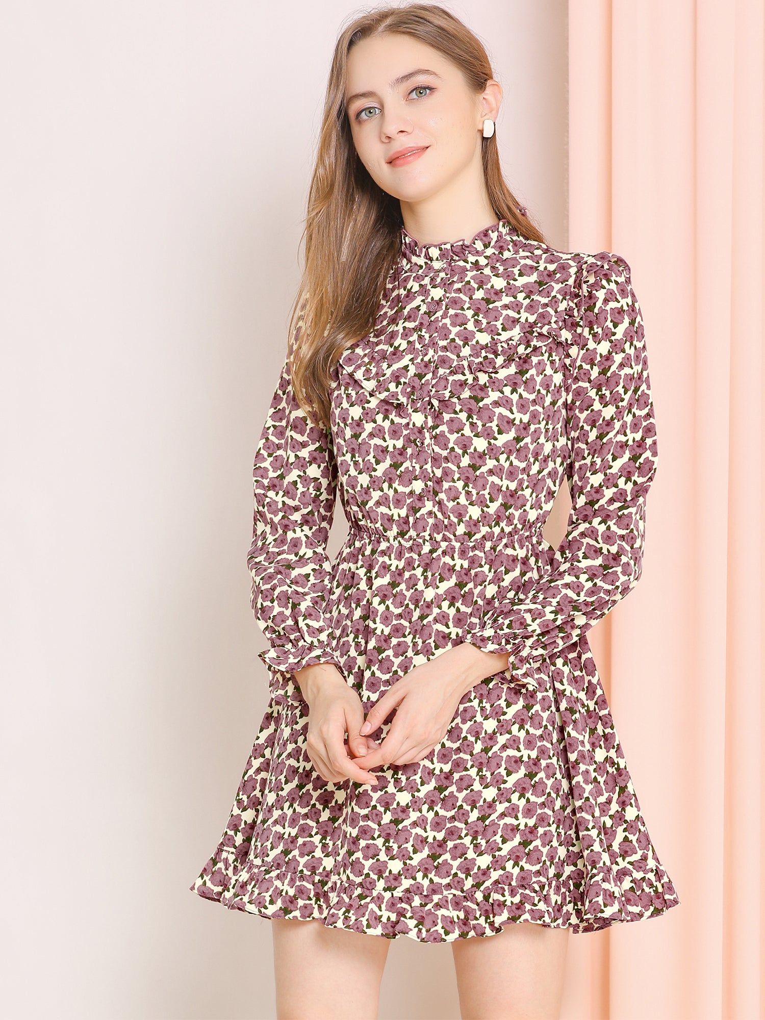 Ruffle Stand Collar Buttons Elastic Waist Floral Dress sold by Allegra K product image thumbnail 2