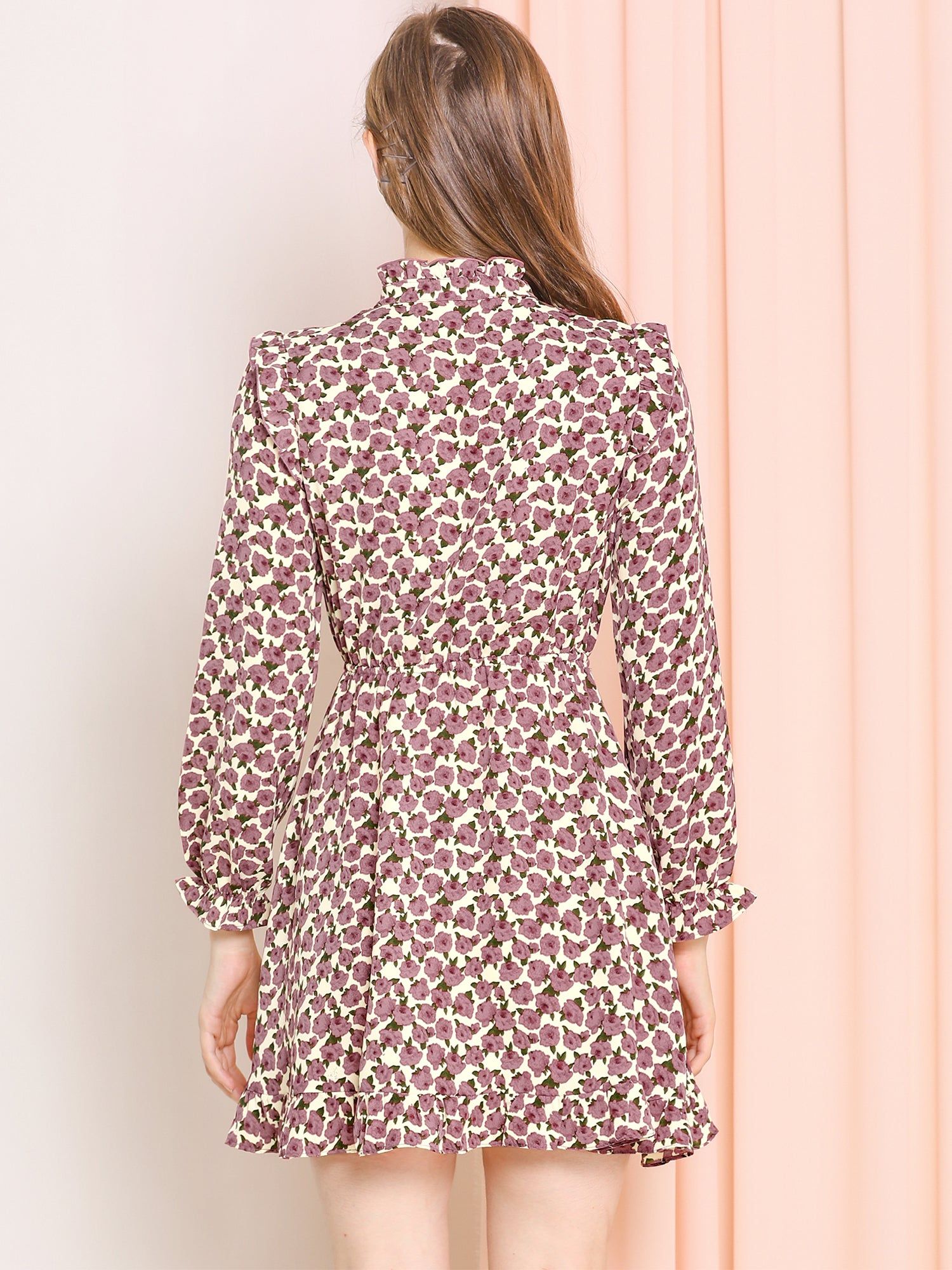 Ruffle Stand Collar Buttons Elastic Waist Floral Dress sold by Allegra K product image thumbnail 4