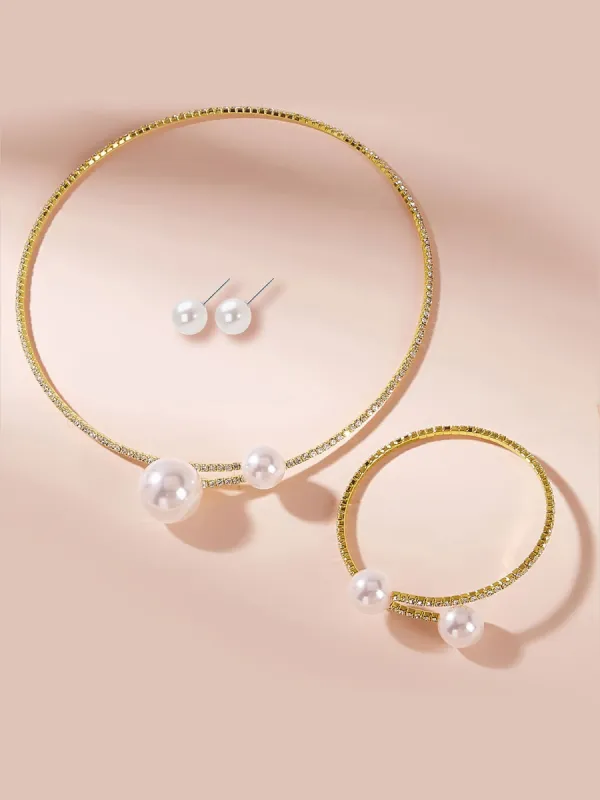 Gold Plated Alloy Faux Pearl Rhinestone Wedding & Party Jewelry Set sold by Allegra K