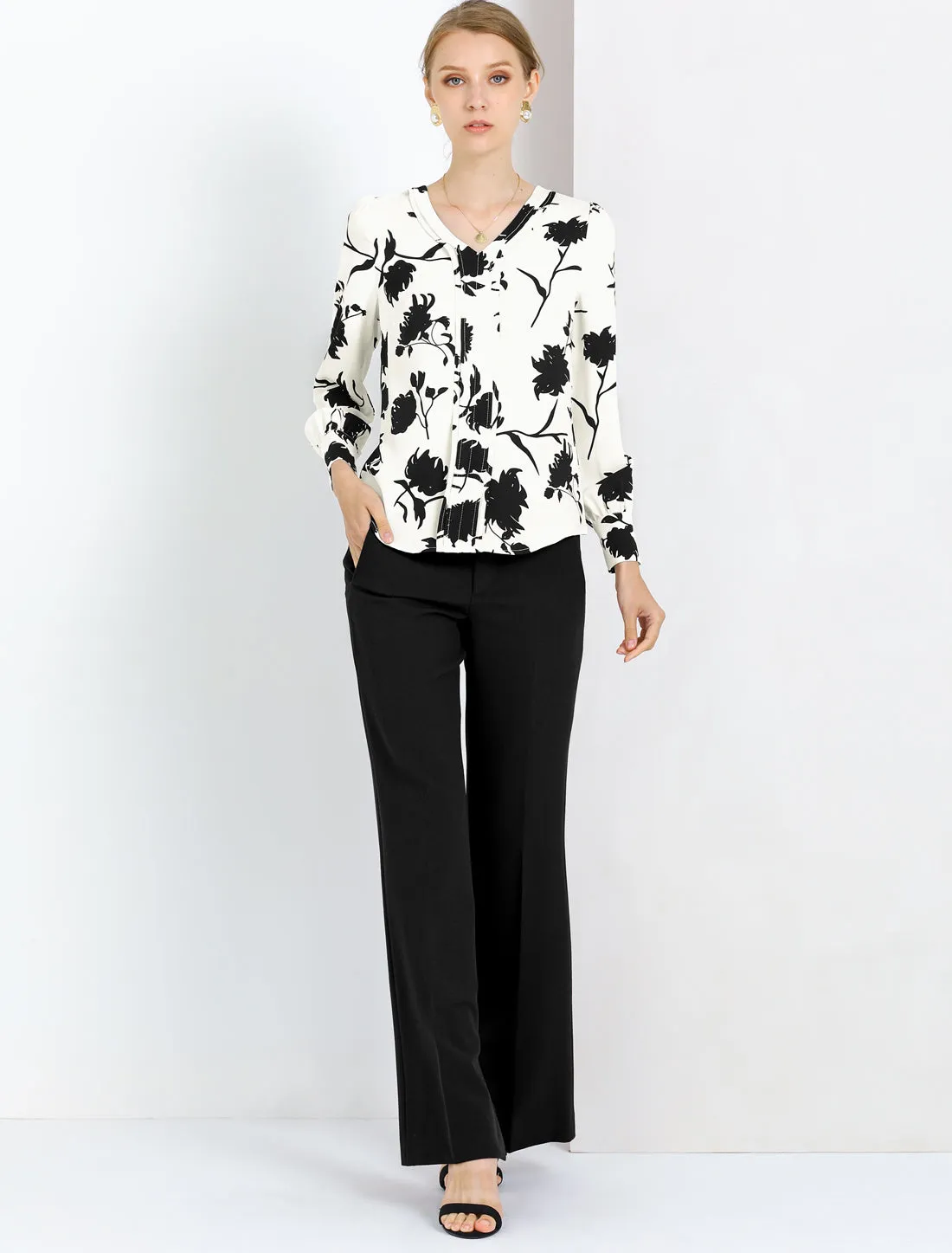 Floral V-Neck Long Sleeve Pleated Office Vintage Blouse sold by Allegra K product image thumbnail 3