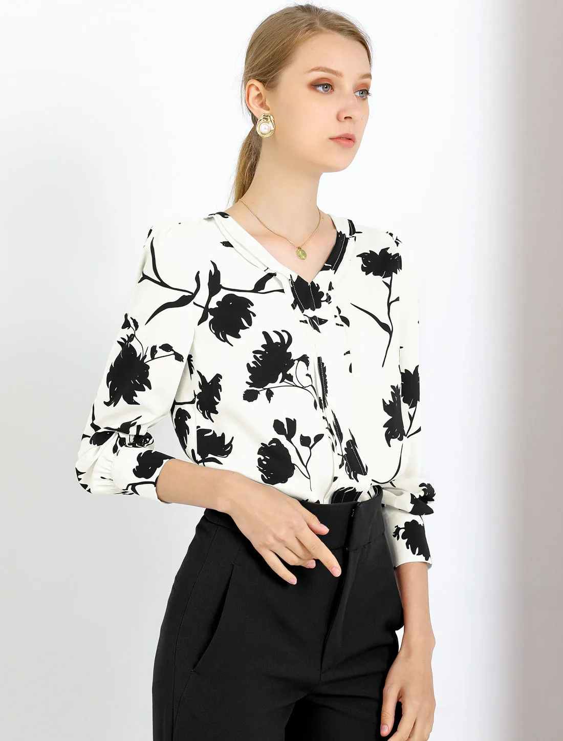 Floral V-Neck Long Sleeve Pleated Office Vintage Blouse sold by Allegra K