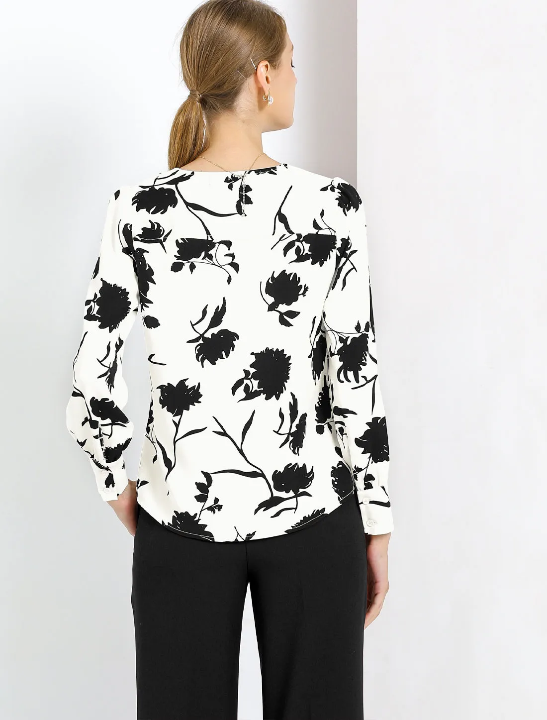 Floral V-Neck Long Sleeve Pleated Office Vintage Blouse sold by Allegra K product image thumbnail 4