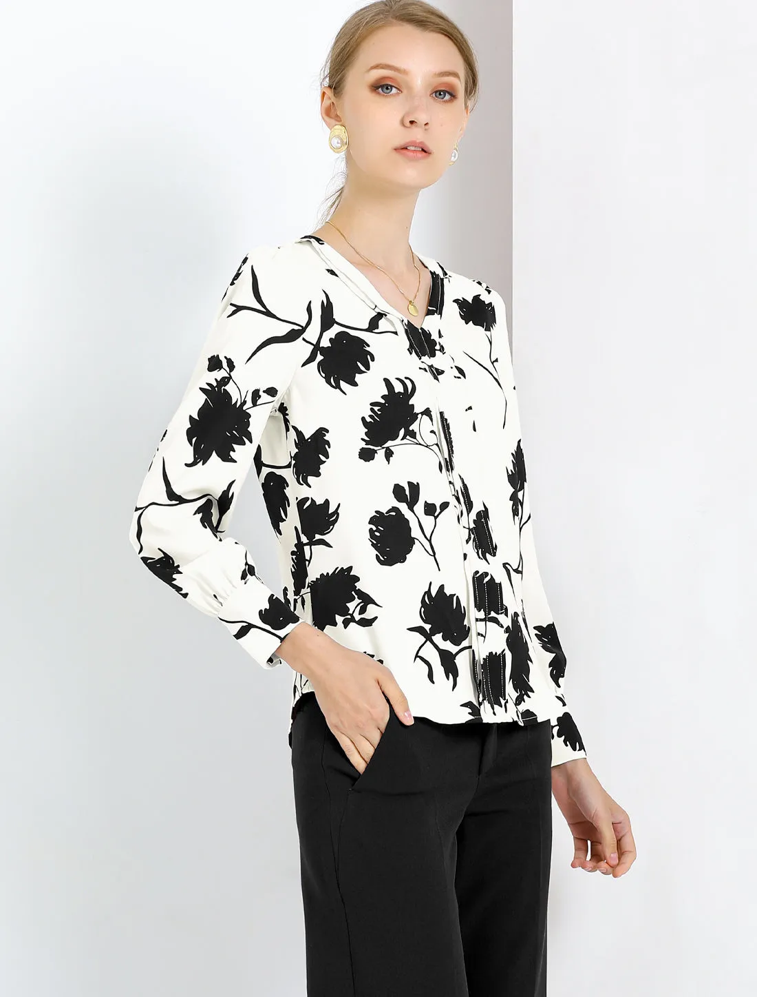 Floral V-Neck Long Sleeve Pleated Office Vintage Blouse sold by Allegra K product image thumbnail 2