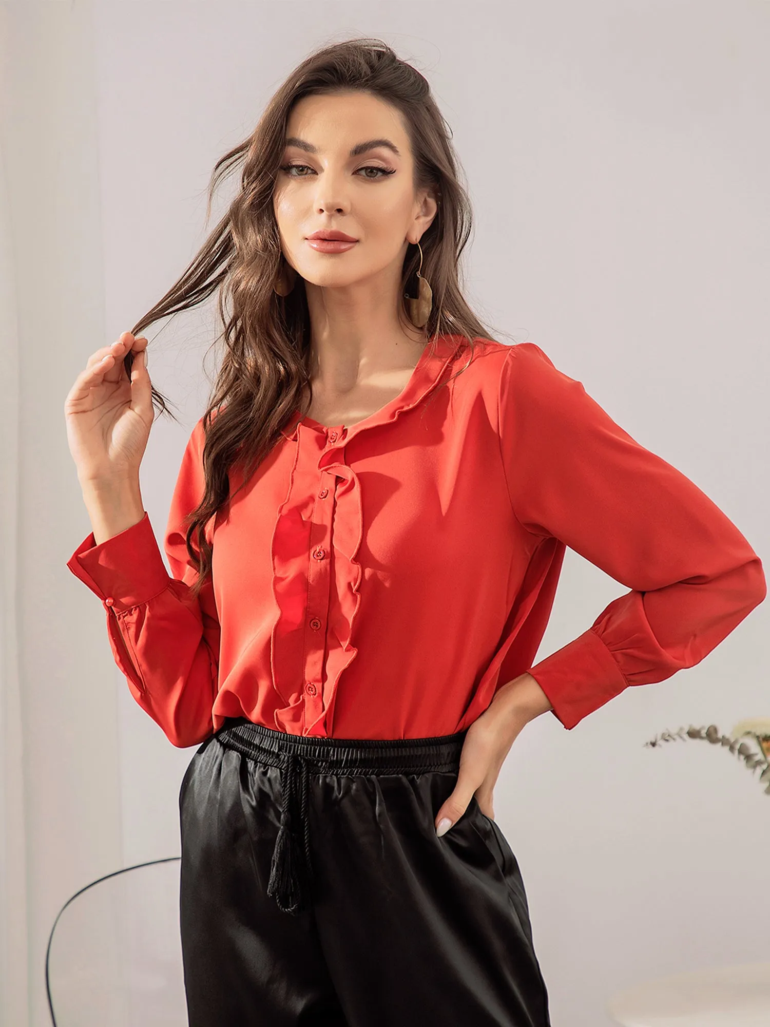 Allegra K Casual Tops Long Sleeve Blouse Ruffle Button Down Shirt sold by Allegra K product image thumbnail 5
