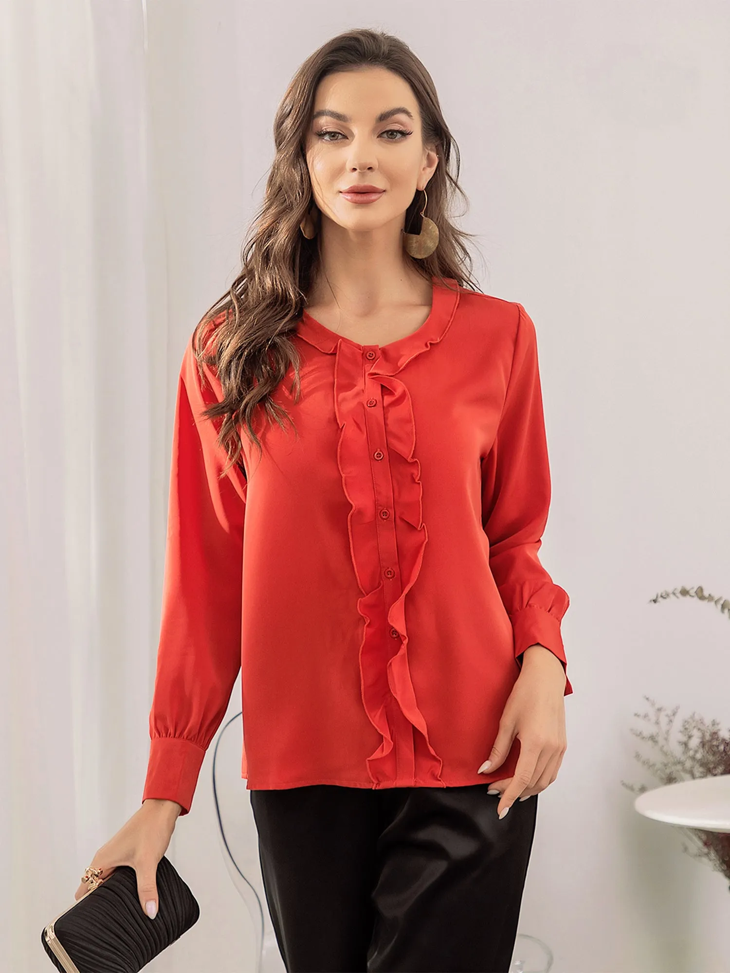 Allegra K Casual Tops Long Sleeve Blouse Ruffle Button Down Shirt sold by Allegra K product image thumbnail 3