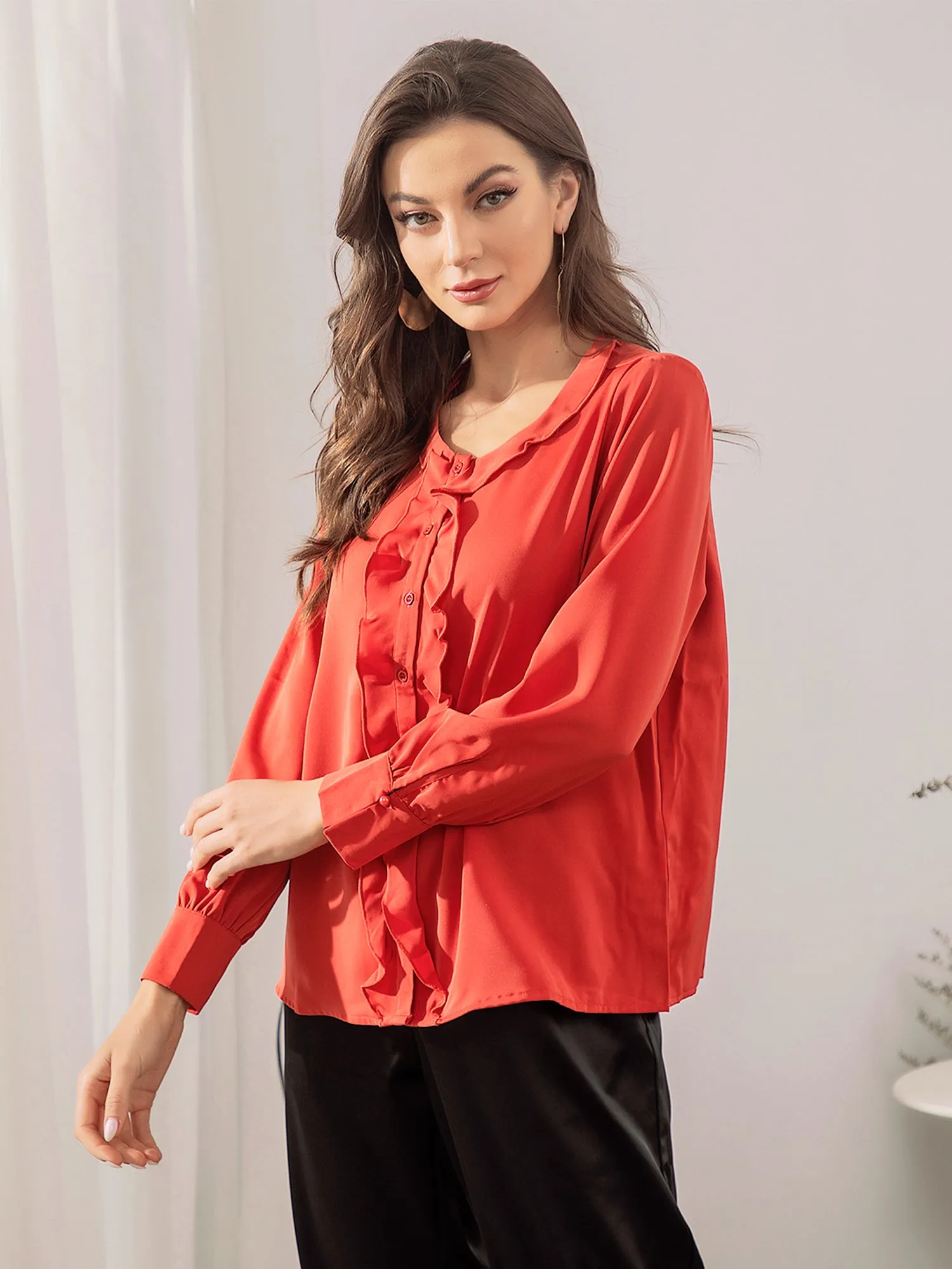 Allegra K Casual Tops Long Sleeve Blouse Ruffle Button Down Shirt sold by Allegra K product image thumbnail 4