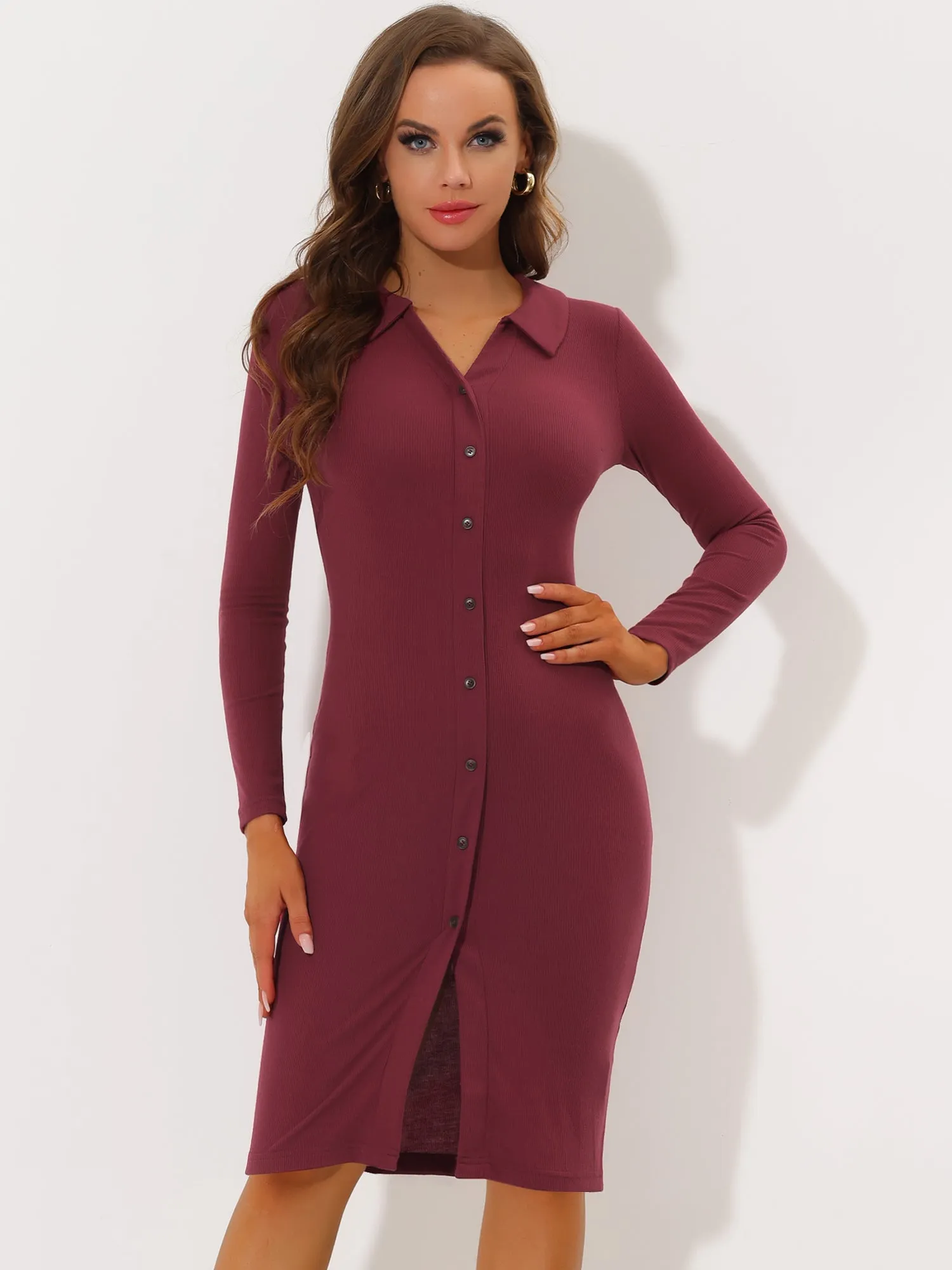 Casual Long Sleeve Collared Bodycon Sheath Slim Fit Knit Midi Dress sold by Allegra K