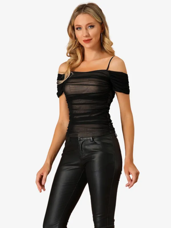 Sexy Tops Crop Ruched Strap Slim Fit Off Shoulder Top sold by Allegra K