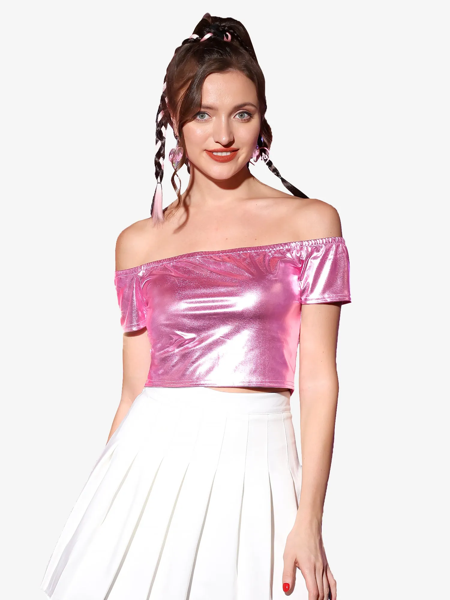 Off Shoulder Party Shiny Metallic Crop Tops sold by Allegra K