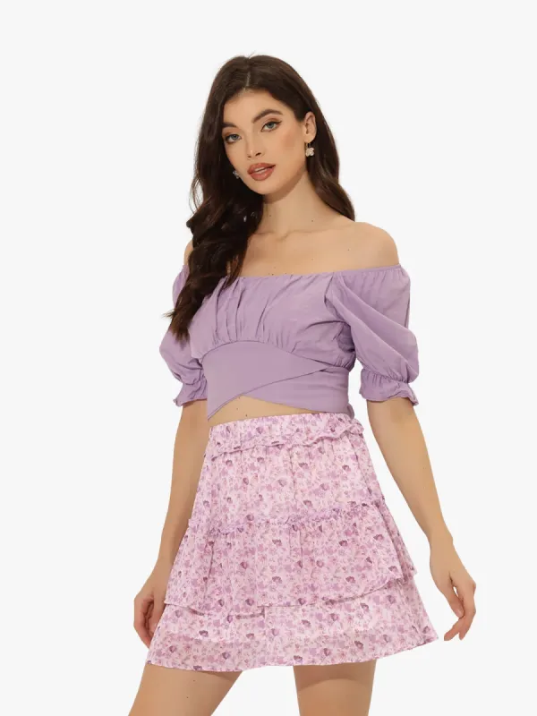Layered Ruffle Hem Elastic Waist A-Line Skater Floral Mini Skirt sold by Allegra K