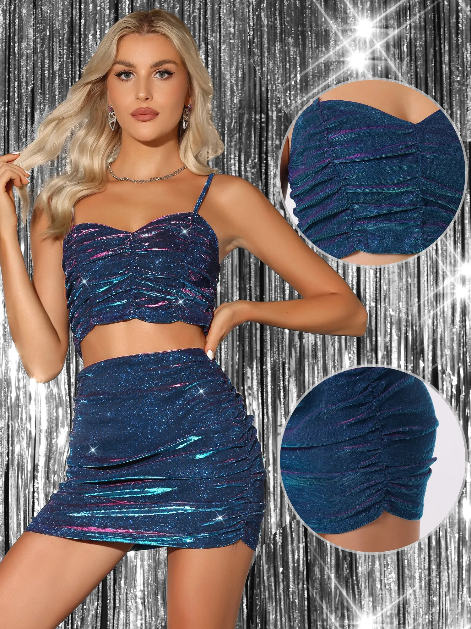 2 Pieces Glitter Ruched Spaghetti Strap Cami Cropped Top & Bodycon Mini Skirt Set sold by Allegra K product image thumbnail 2