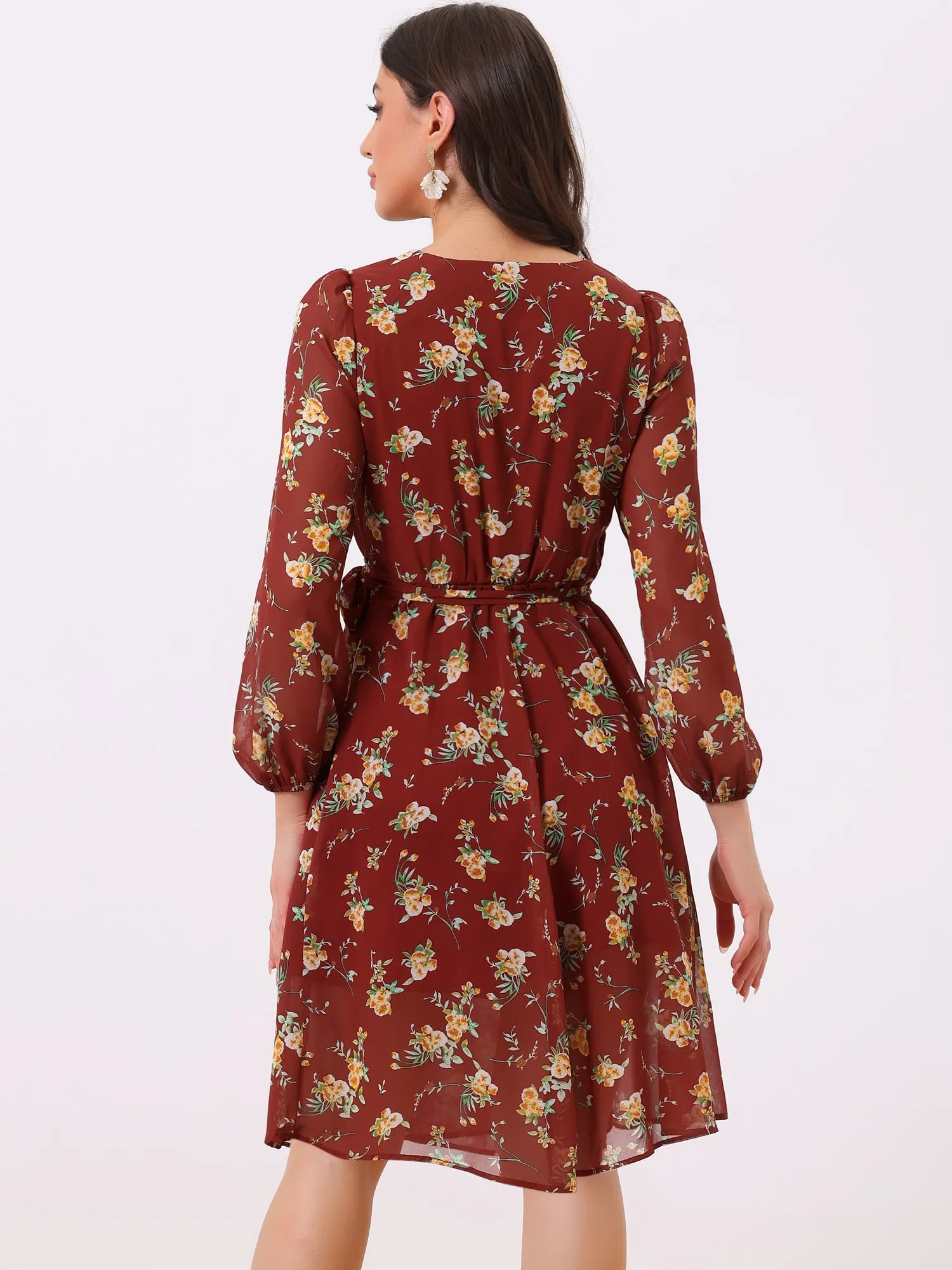 Chiffon Floral V Neck Tie Waist Bishop Sleeve Casual Wrap Midi Dress sold by Allegra K product image thumbnail 3