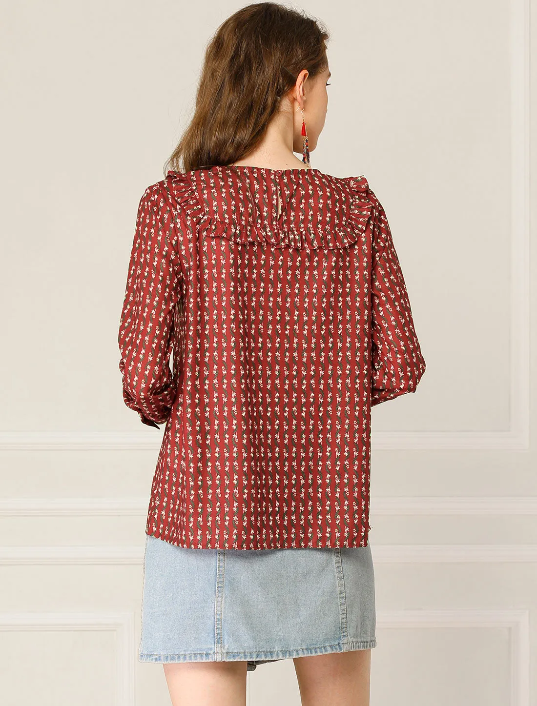 Ruffled Front Floral Long Sleeve Round Neck Blouse Top sold by Allegra K product image thumbnail 5