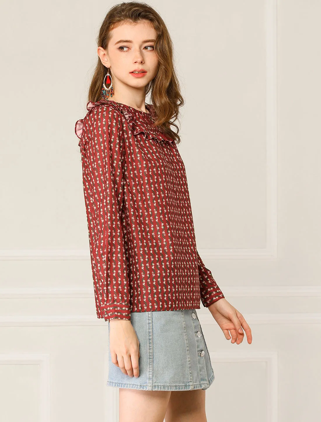 Ruffled Front Floral Long Sleeve Round Neck Blouse Top sold by Allegra K product image thumbnail 3